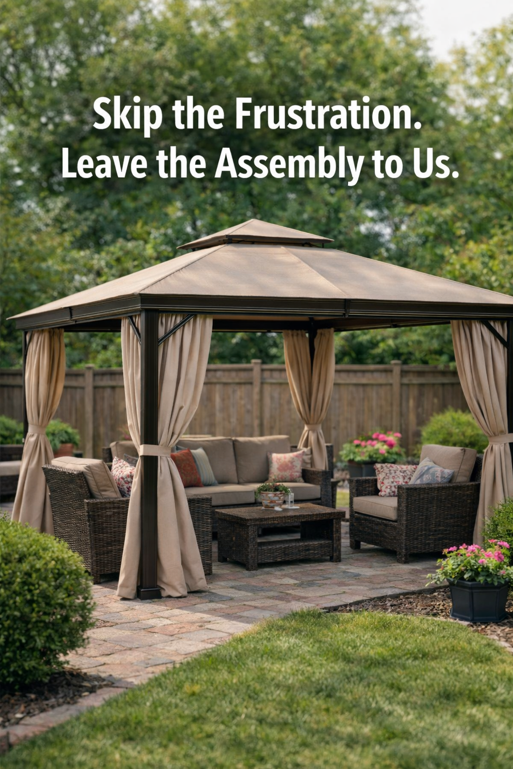A couple relaxing under a professionally-assembled backyard gazebo.