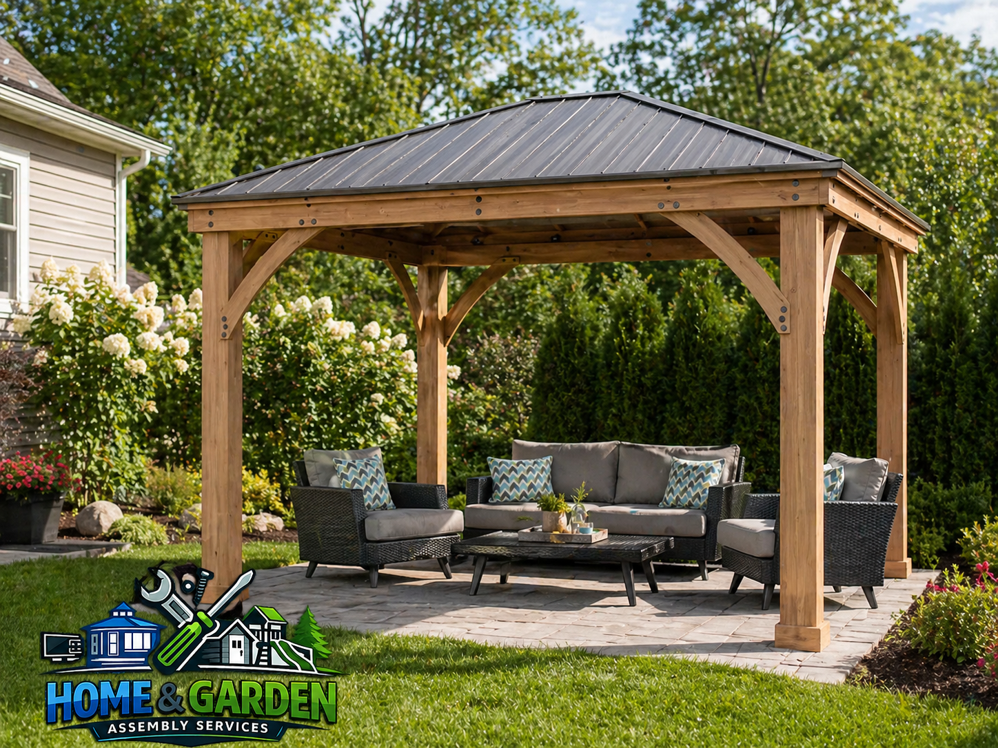 A custom-built wood gazebo in a backyard.